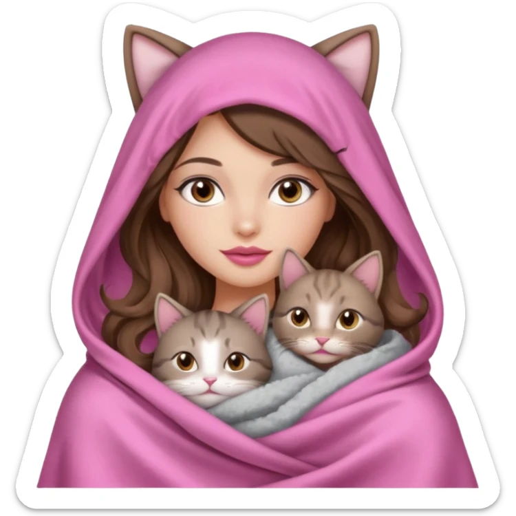 girl with long wavy brown hair, brown eyes, long lashes makeup, sexy pink lips, light to medium complexion, wearing a pink sexy silk top, big blanket over the head cozy holding a cat sticker
