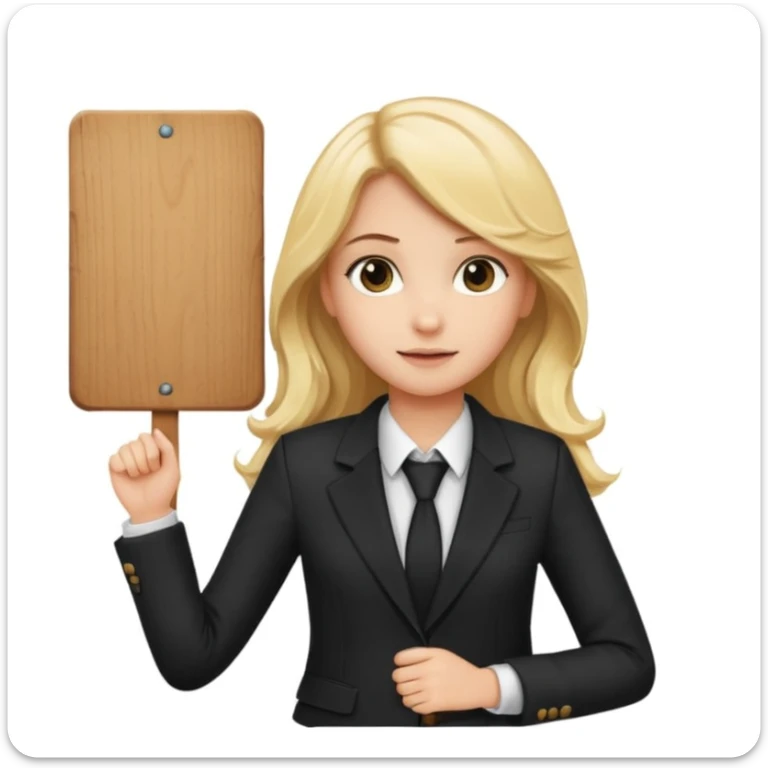 Blonde long wavy hair girl with black office blazer holding a wooden board with a sign 10/10 sticker