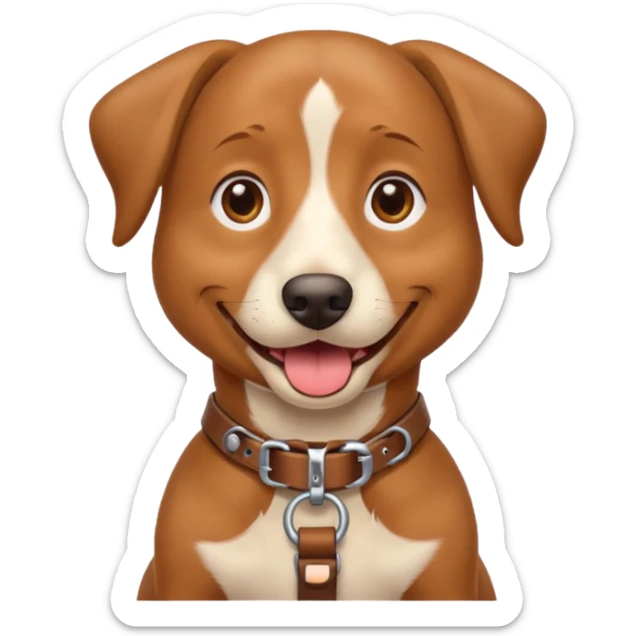 A friendly brown dog sitting upright with its tongue out and ears relaxed. The dog wears a tan harness and collar, giving a trained, service-dog look. Its expression is happy and attentive, with bright eyes and a slightly open mouth. sticker