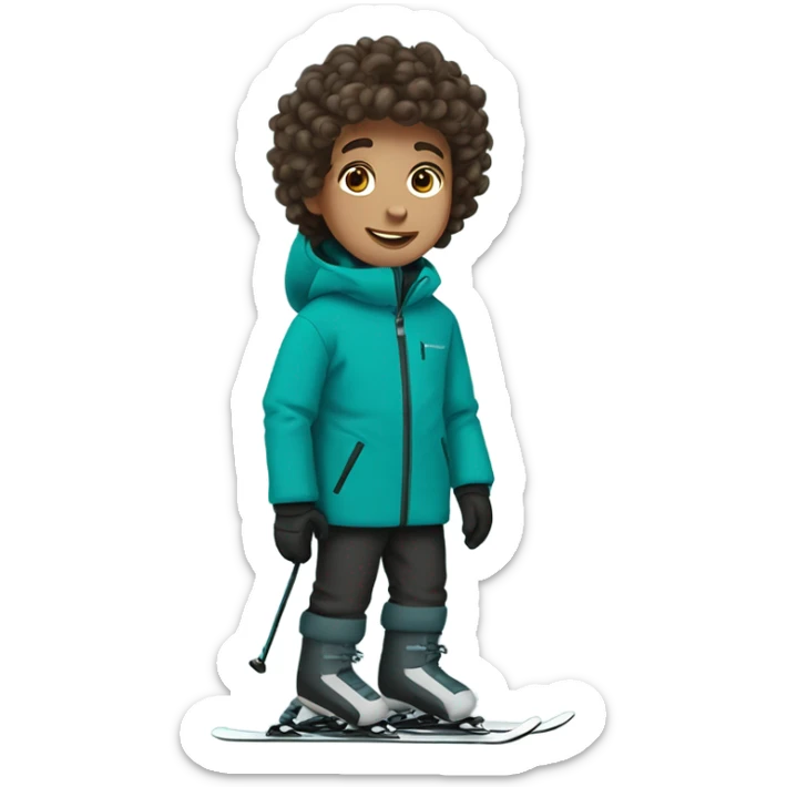 Boy with curly brown hair. Skiing on teal skis. Wearing black snow pants and a gray snow coat sticker