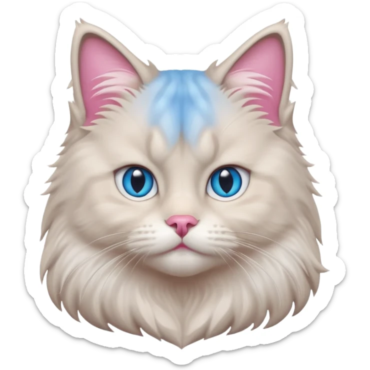 Fluffy Siberian cat face emoji, white and grey long hair, bright blue eyes, pink nose, friendly expression, 3D vector style, isolated on white background. sticker