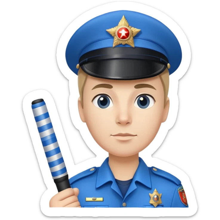 Russian traffic police officer in blue uniform with striped baton and peaked cap, holding traffic baton sticker