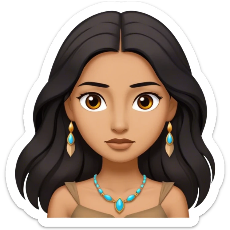 Cinematic Stunning Pocahontas Portrait Emoji, Windswept raven hair flowing behind her, deep brown eyes filled with wisdom and strength, glowing sun-kissed skin, wearing her elegant tan dress, the spirit of the wild in her expression, breathtakingly majestic! sticker