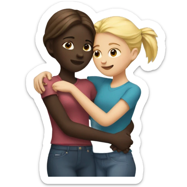 A girl with dark skin and dark red hair hugs a girl with blond hair sticker
