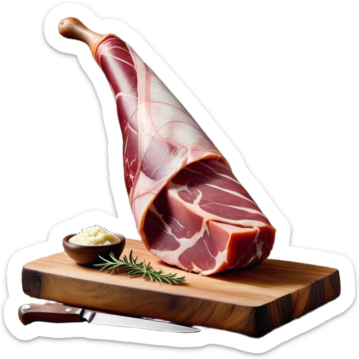 _cinematic-realistic-spanish-ham-leg,-depicted-as-a-massive,-cured-leg-of-jamón-serrano-(ham)-with-a-deep-reddish-brown-hue on the outside,-intricately-marbled-and-slightly-glossy-with-age,-elegantly-displayed-on-a-rustic-wooden-stand-and-bathed-in-warm - jamon prosciutto sticker