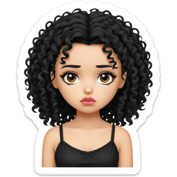 generate a pretty fair bratz girl with black messy curly hair looking sad . Wearing a black cami sticker
