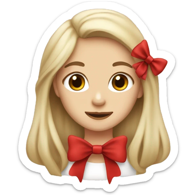 Ash blonde girl with long hair and brown eyes with a yorkshire dog which has a red bow on head sticker