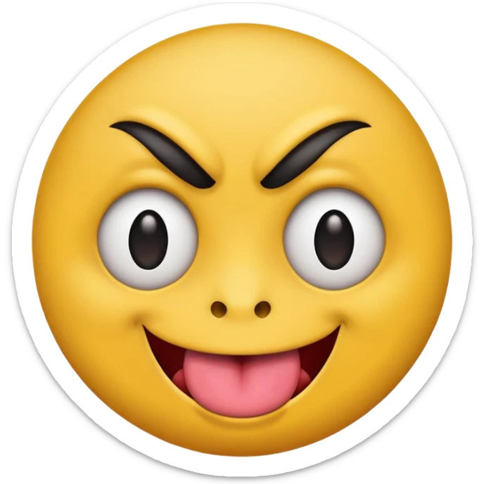 A yellow round face emoji smirking with its tounge out but the eyes are evil and kind of crazy and only one of the eyebrows is raised higher than the other eyebrow sticker