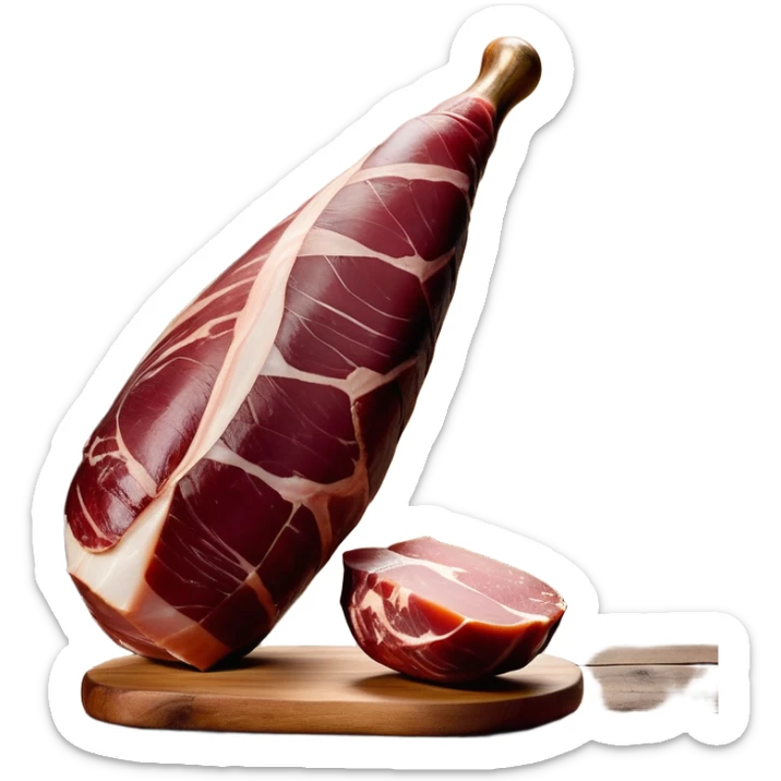 _cinematic-realistic-spanish-ham-leg,-depicted-as-a-massive,-cured-leg-of-jamón-serrano-(ham)-with-a-deep-reddish-brown-hue on the outside,-intricately-marbled-and-slightly-glossy-with-age,-elegantly-displayed-on-a-rustic-wooden-stand-and-bathed-in-warm - jamon prosciutto sticker