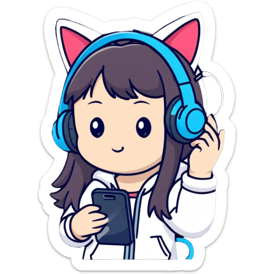 Super kawaii Japanese girl with long hair wearing cat ear headphones and holding a mobile phone sticker
