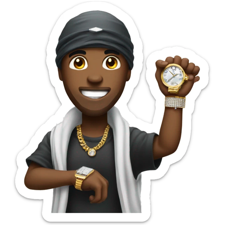 Emoji with grillz and durag showing his wrist with an diamond watch sticker