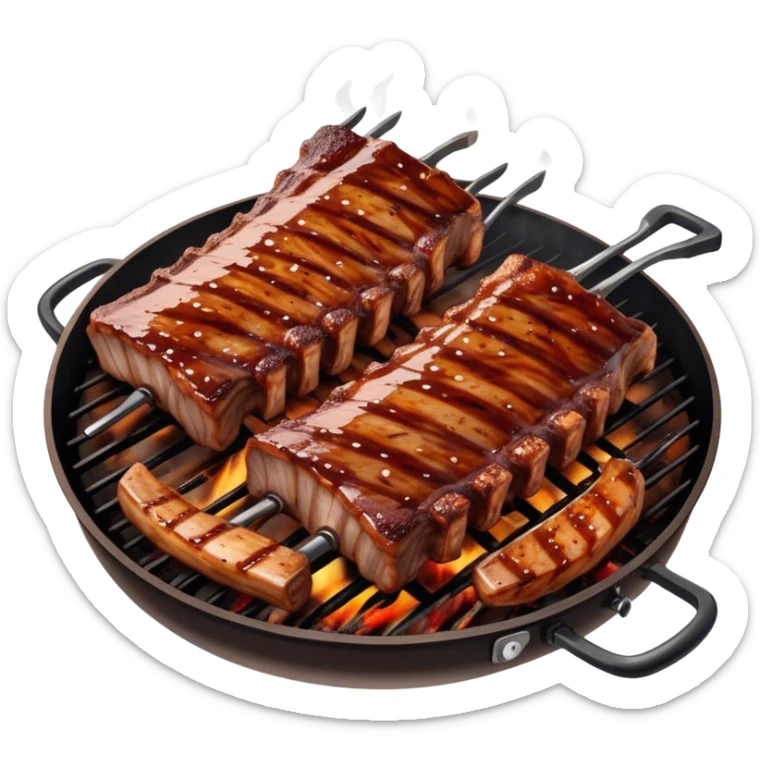 Cinematic juicy grilled ribs, glistening with smoky barbecue sauce, charred edges, tender meat falling off the bone, sizzling on a hot grill, mouthwatering and rich, warm and inviting, ultra-realistic and delicious. sticker