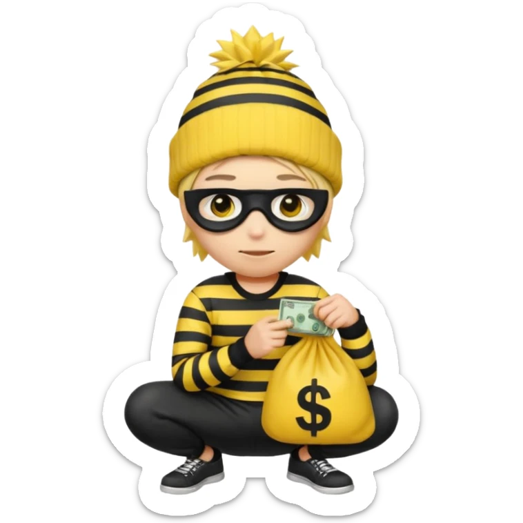 An Apple style rubber emoji is wearing a black beanie and has yellow hair that is spiky but flat hanging out from under it and the robber is wearing a striped shirt and has yellow skin and black eye mask. He also has the money back over his shoulder and is sort of crouching. sticker