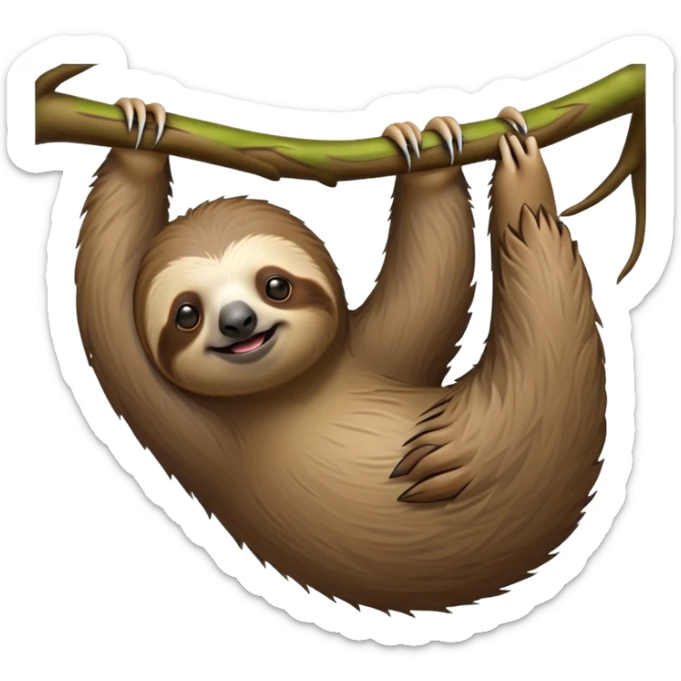 cinematic-sloth-realistic-full-body-hanging-emoji,-long-curved-claws-clinging-to-a-tree,-thick-shaggy-brown-fur-slightly-ruffled,-head-tilted-dramatically,-slow-blinking-eyes-filled-with-serene-wisdom,-simplified-yet-realistic-focused-features,-highly-detailed,-glowing-with-an-almost-sarcastic-glow sticker