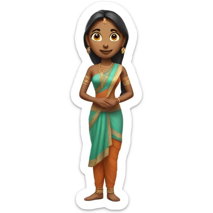 Here is the full-body image of the 3D Indian woman character, turned slightly to the left. I think she looks graceful and elegant! and include her legs straight image   sticker
