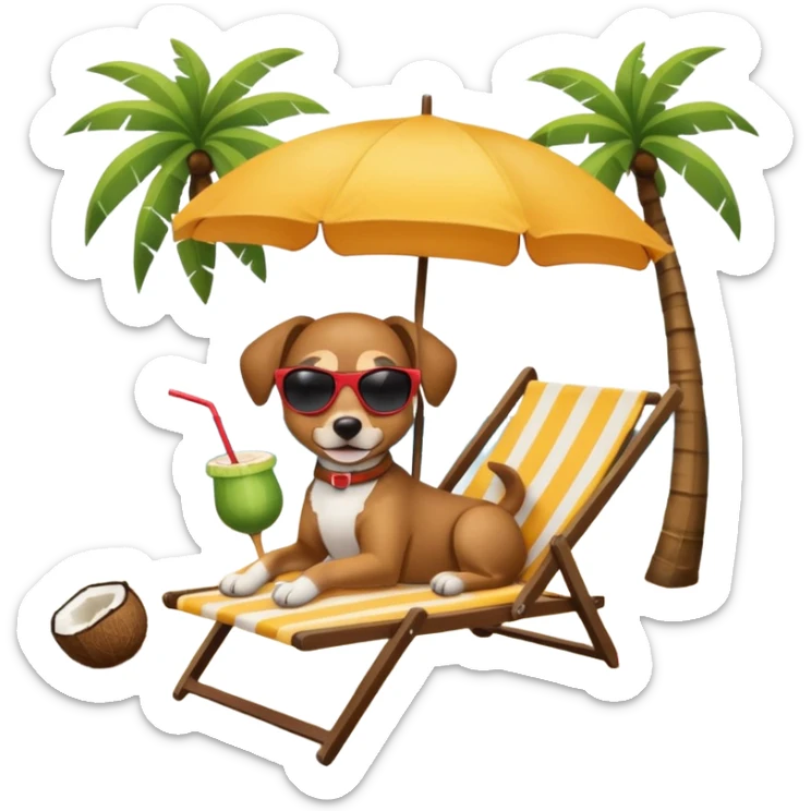 a dog laied on a beach chair, a sunny beach, a sun umbrella, and beach coconut trees. the icon should capture the essence of a relaxing beach vacation with a carefree atmosphere sticker