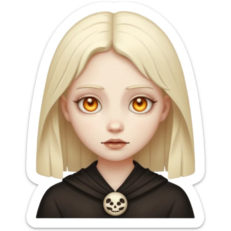Stylized cult cartoon girl emoji, eerie-cute aesthetic, symmetrical design, subtle spooky vibe, glowing eyes, chanting “AMILK”, bold graphic icon sticker