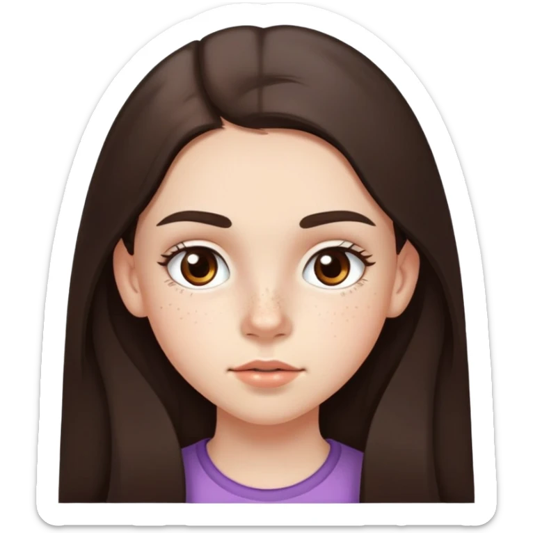 A 12-year-old girl with very long dark brown hair, light brown eyes, thick eyebrows, slightly big lips, a small freckle on her cheek and another small freckle under her eye sticker