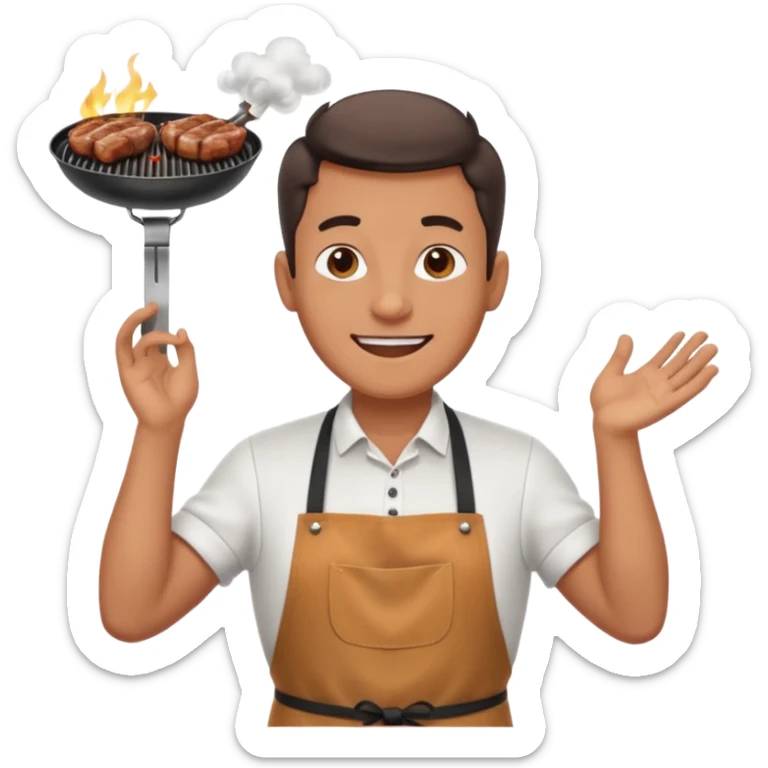 A cheerful man in an apron flipping meat on a sizzling grill with smoke puffing upward. sticker