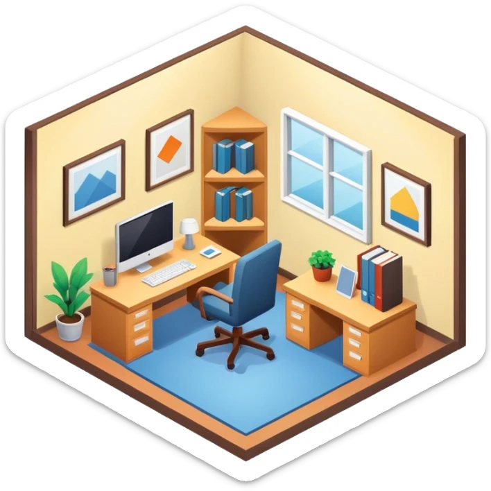 An isometric 3D room with two walls that meet at the back left and right. Home Office sticker