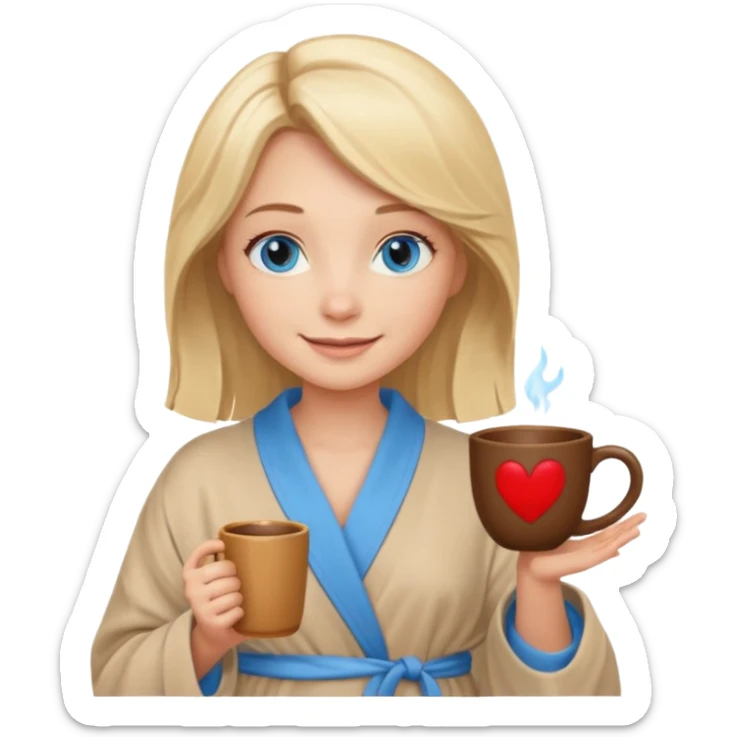 cozy blonde girl with middle length hair and blue eyes holds a brown cup in abeige  robe sticker