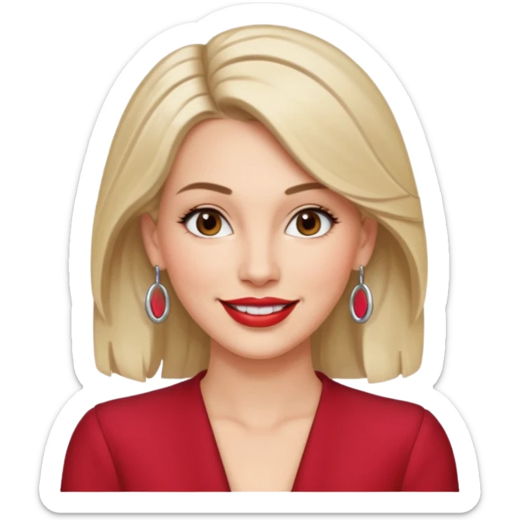 30 year old white woman with shoulder-length hair and brown eyes, left side of her hair tucked behind her ear, lipstick and hoop earrings, smiling, upper body portrait sticker