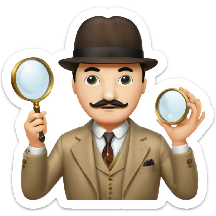 A cinematic-style frame showing Hercule Poirot in his iconic suit, with a magnifying glass, in a dramatic detective pose. Background should be dimly lit with an air of mystery, reflecting the atmosphere of a classic detective film. Transparent background. sticker