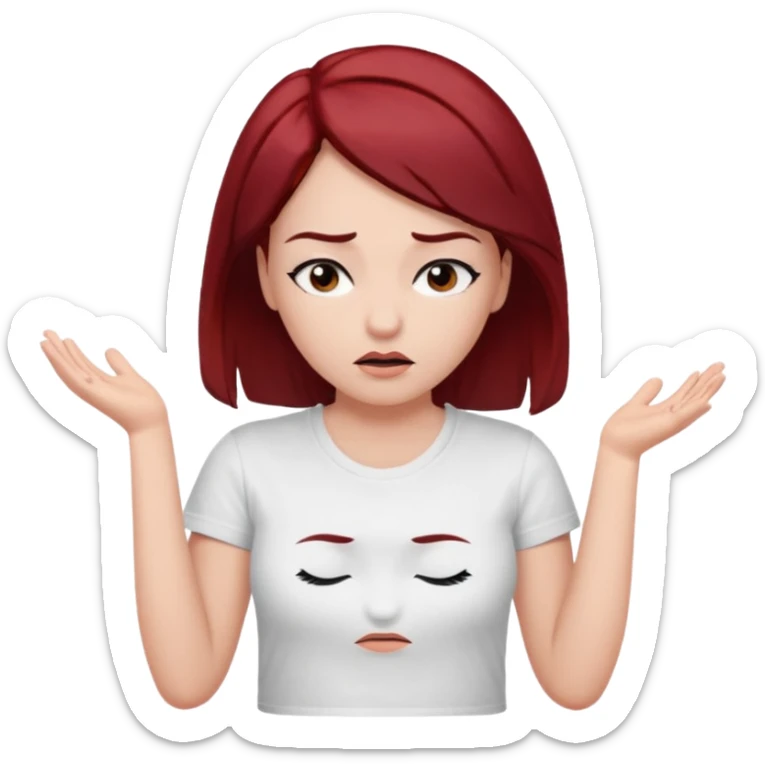 younger woman shrugging, eyes closed, white t-shirt, dark red hair, black eyebrows sticker