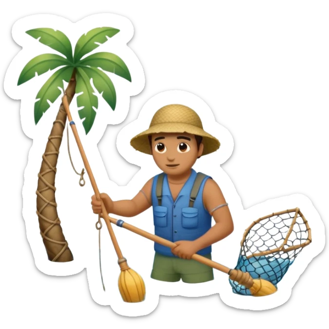 A Polynesian fisherman in the water fishing with a net at the water's edge sticker
