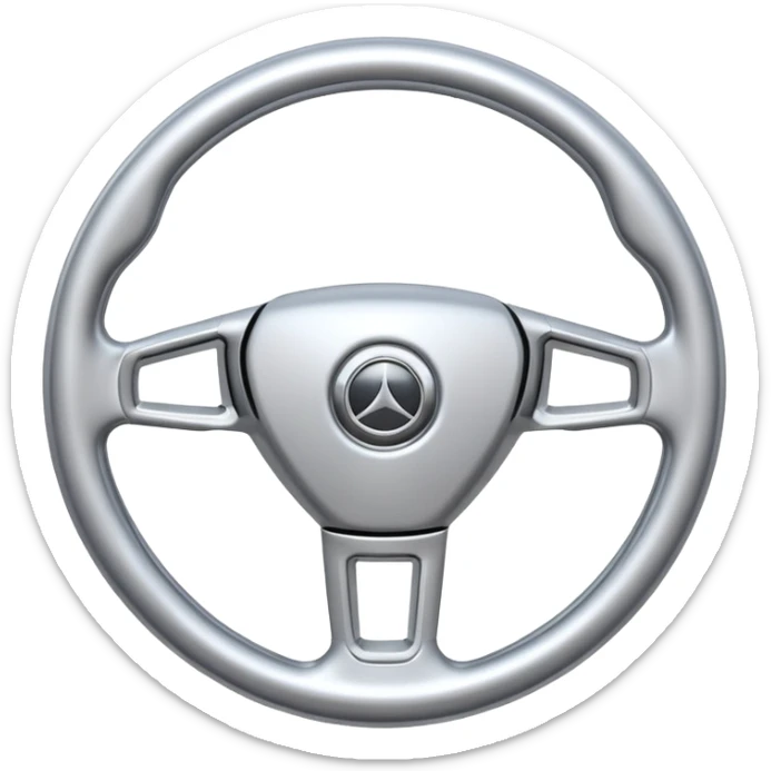 A futuristic steering wheel emoji made of silver chrome, minimal geometric design, smooth metallic surface, soft reflections, iOS emoji style, centered, clean white background sticker