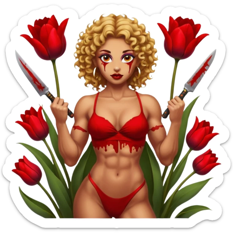 sexy tanned slavic girl, with bloody knives, sexy and muscled, golden curly flowers, flexing pose, full body nude, beautiful eyes with makeup, colored lips, makeup, earrings, tattoes, muscled and nude, surrounded by dark red tulips sticker