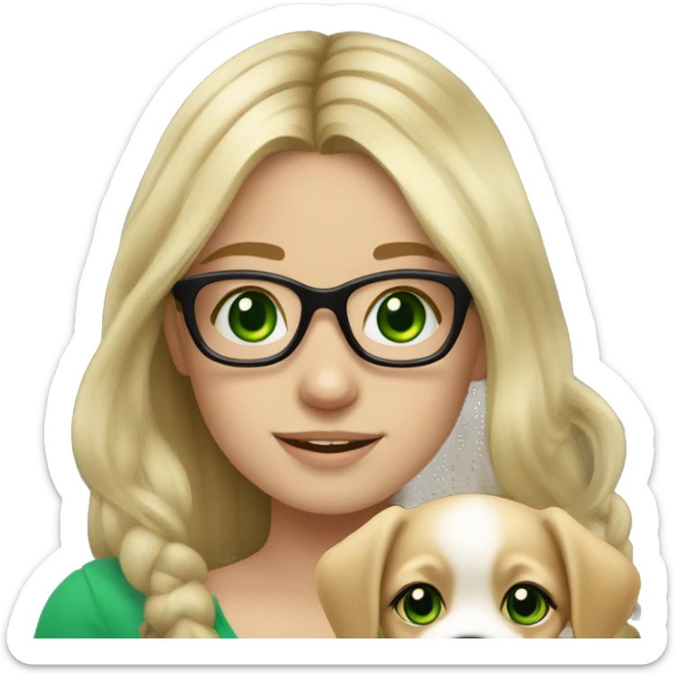 blond long hair girl with black framed glasses slavic face and green eyes smiling holding puppy sticker