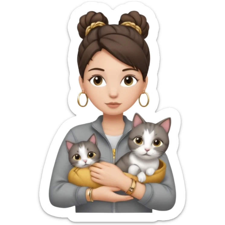 a white girl with brunette hair in a messy bun holding a grey cat. the girl has long lashes and has on a grey zip up that is half way zipped and under a white shirt and gold jewelry that is hoop earrings and gold bracelets. sticker