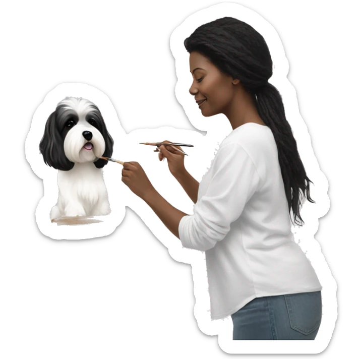 female artist painting a painting black+white havanese on easel sticker