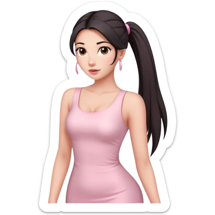Beautiful woman with long dark ponytails wearing light pink bodycon dress sticker