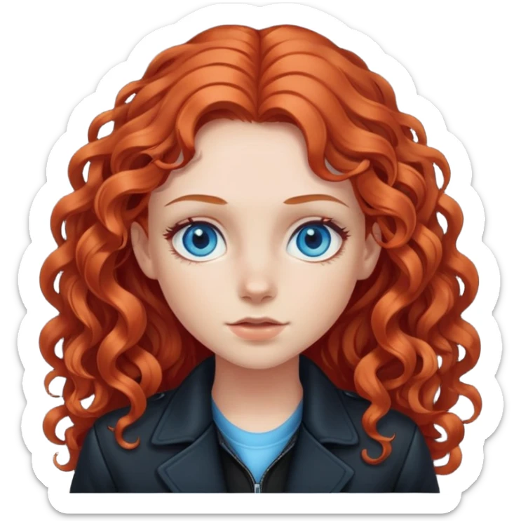 a girl with long curly red hair and blue eyes, in a black jacket sticker