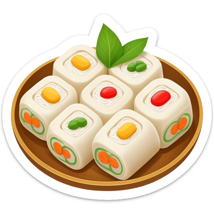 Hangzhou Pian Er Chuan steamed rice cake rolls with fillings, simplified emoji style with bold outlines and bright colors, cartoon style local specialty snack sticker
