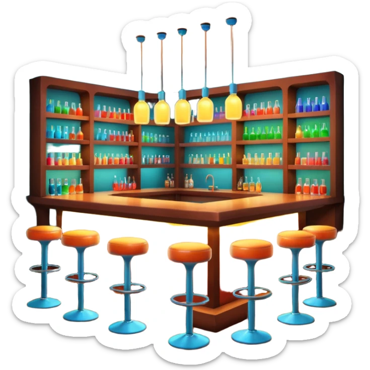 A 3D cartoon bar interior with a counter, glowing shelves of colorful bottles, tall stools, and hanging lights, warm ambient lighting, realistic reflections, Memoji-style. sticker