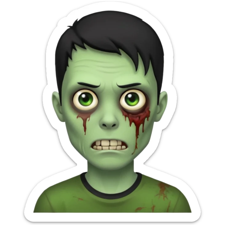 Zombie Emoji AppleIOS Style, lowfade Black Hair, and Black T-shirt, Green Skin, normal expression sticker