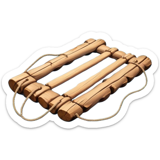 showing a simple wooden raft floating on calm blue water — made of several brown logs tied together with rope — gentle ripples around it — bright, cheerful lighting and soft shadows — minimalist, clean emoji design sticker