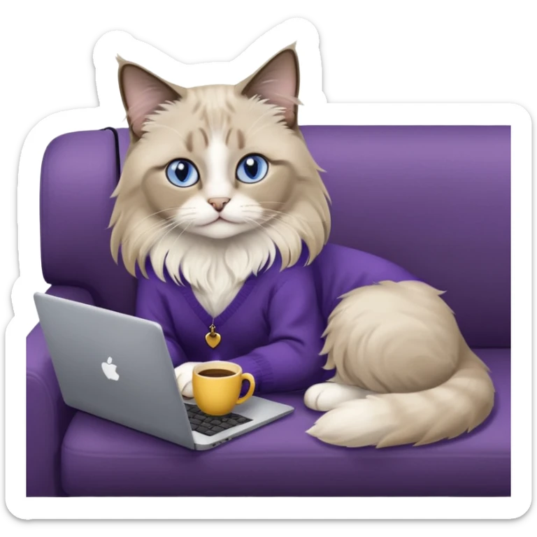 a cute blue eyed brown and white ragdoll cat with white paws and brown and beige tail wearing the dark violet sweater with yellow letteting "Milena" sitting on the grey sofa with grey laptop Lenovo and drinking coffee sticker