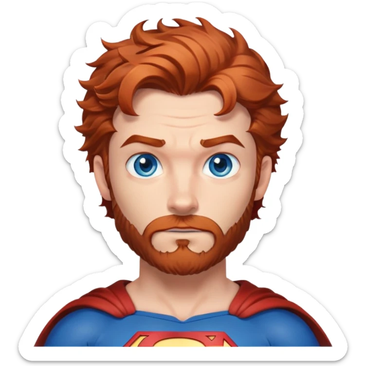 flying superman，3/4 body, blue eyes, Irish redish messy hair, trimmed facial hair sticker