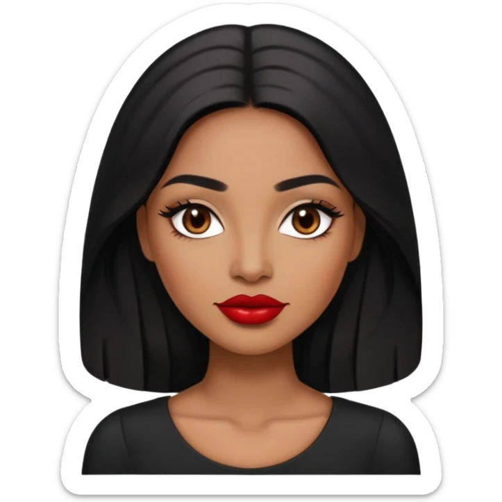 Woman with rich brown skin tone, oval face, elegant features, dark brown eyes, arched eyebrows, red lipstick, long black hair, wearing a black top sticker