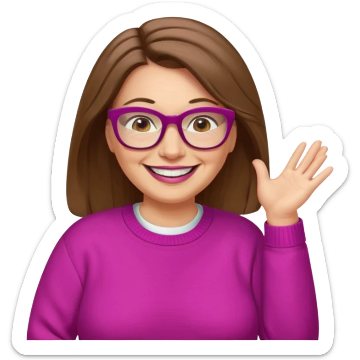 50 yr Caucasian woman, long brown hair parted on side, brown eyes, glasses, big smile, white teeth, fuscia sweater, chubby sticker