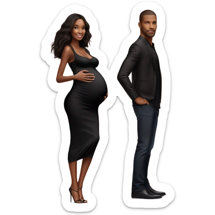 Realistic Photo of a Victoria secret model pregnant posing with a male model at her baby shower infront of a flower arch in blue sticker