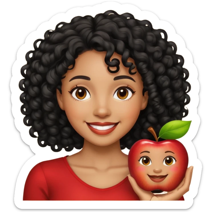 Memoji-style emoji of a light-skinned Black woman with black curly hair, smiling, neutral background, Apple emoji style sticker