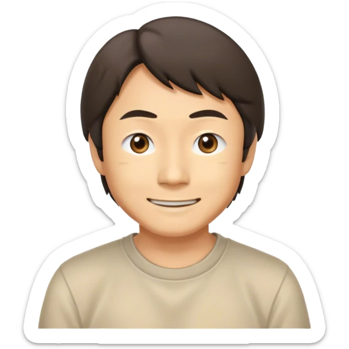 ​Cinematic Realistic Portrait of a Smiling Shigeru Miyamoto, depicted with warm, approachable features, showing a giant smile with expressive eyes, set against a subtle backdrop, inviting lighting that captures his innovative spirit sticker