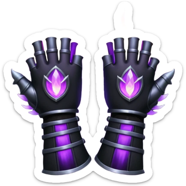 A Discord emoji of a pair of black armored gauntlets holding a flickering violet flame. The hands are positioned as if offering a gift. Dark gothic fantasy, glowing magical effects, high contrast, 2D vector style, white background. sticker