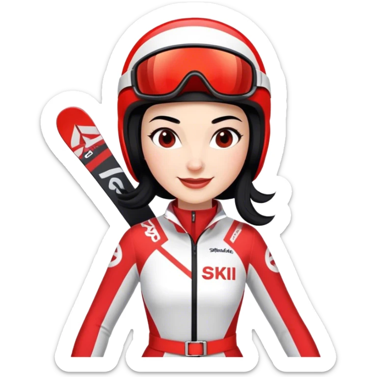 Ski racer woman downhill squad red white dress with the name Stephanie on the dress and the name HEAD on the skis black hair smile sticker