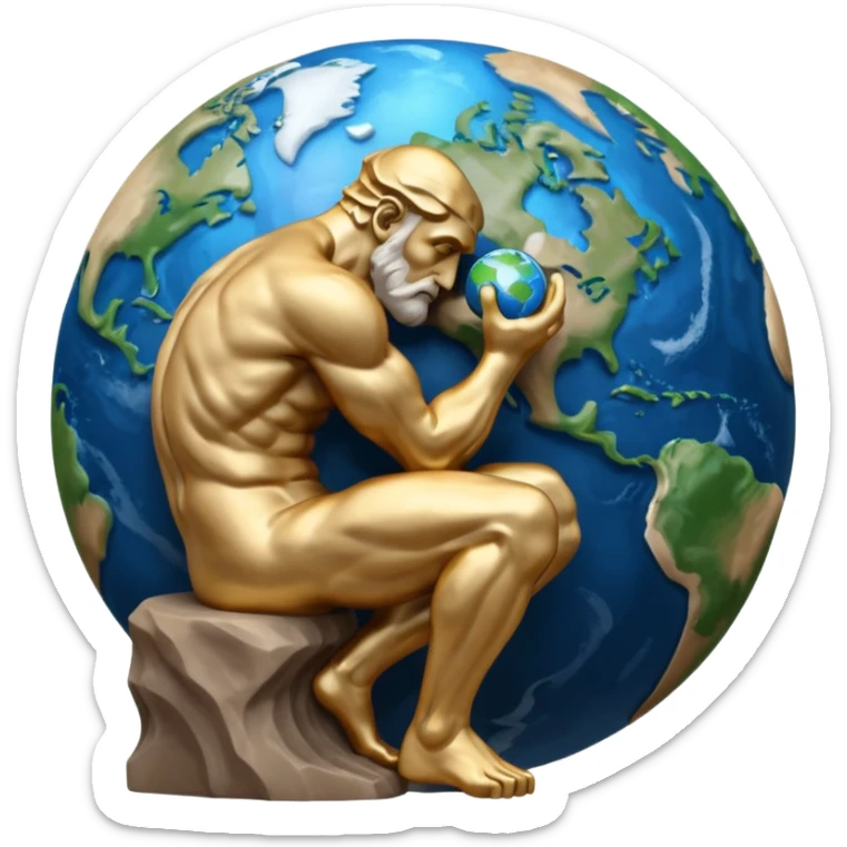rodins sculpture the thinker but with a planet earth in its hand in a cartoon art style sticker